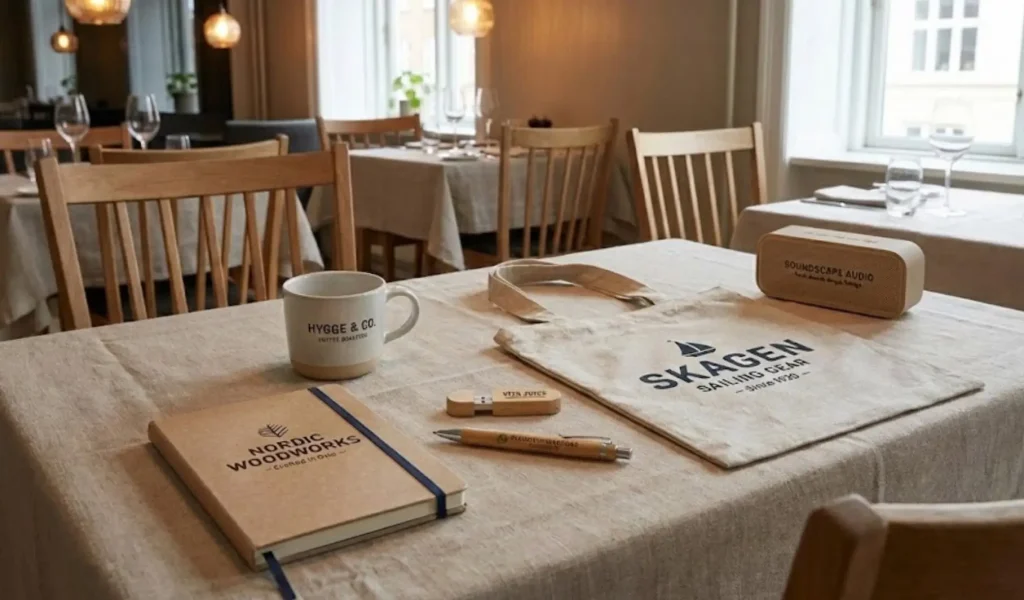 Des objets publicitaires posés dans un restaurant pour une distribution.