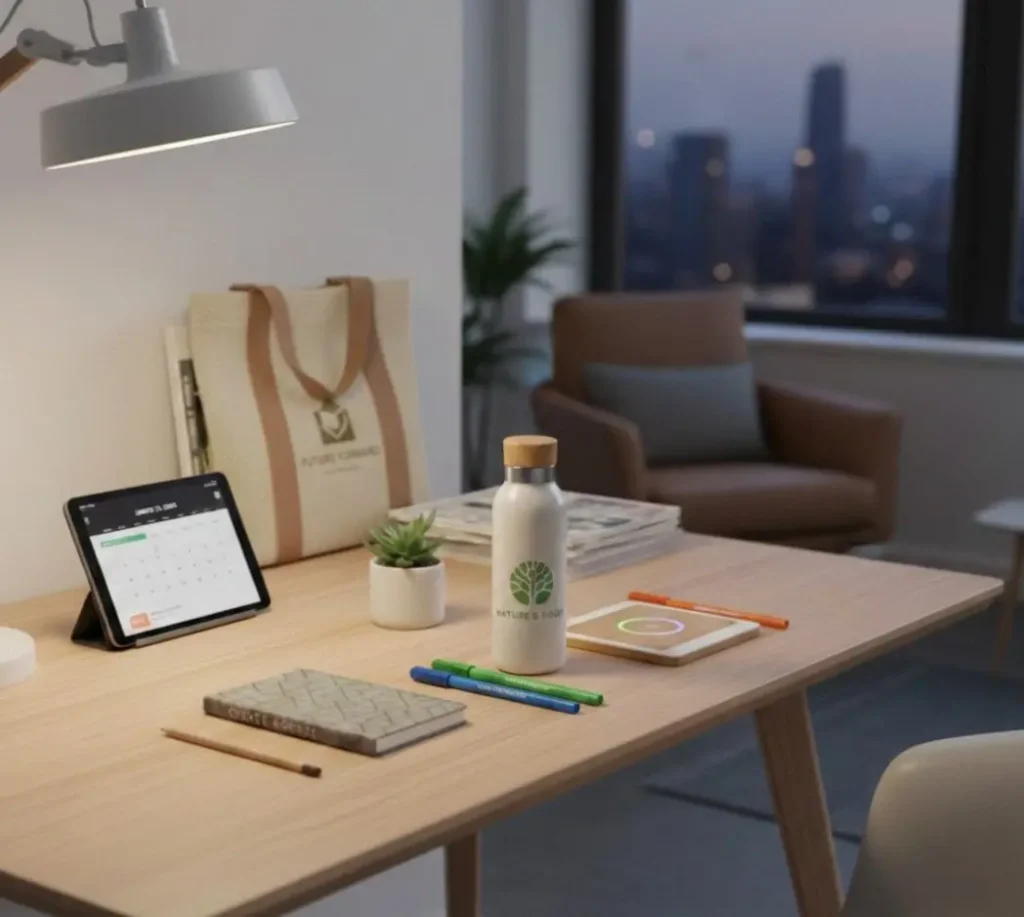 Projet publicitaire pour une entreprise posé sur un bureau, le soir.