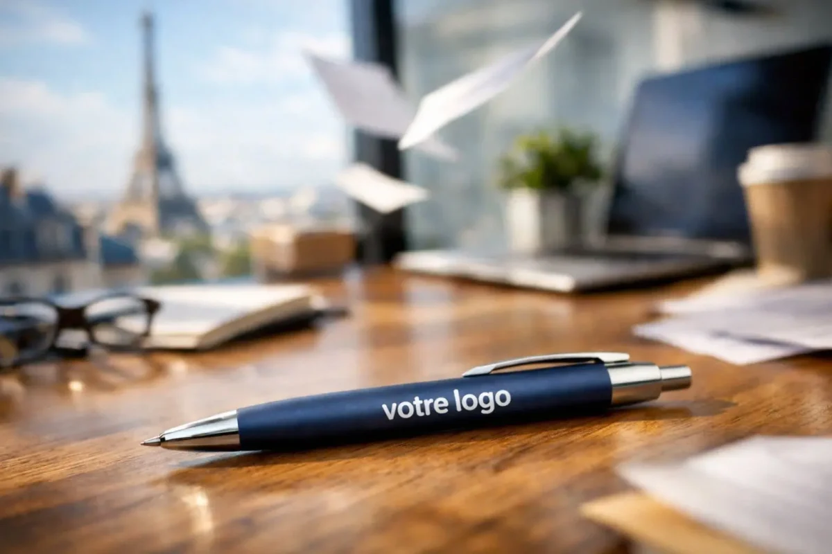 Stylo publicitaire dans une entreprise au style scandinave.