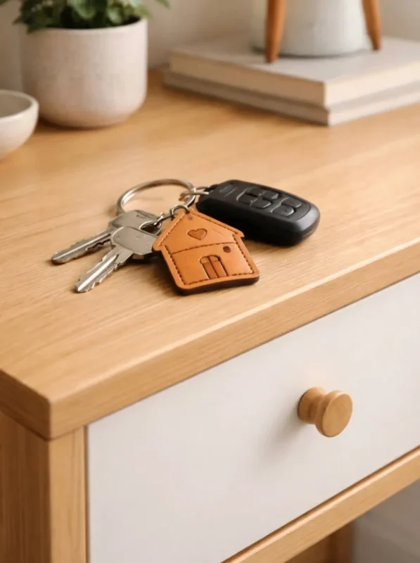 Un porte-clé personnalisé posé sur un petit meuble.