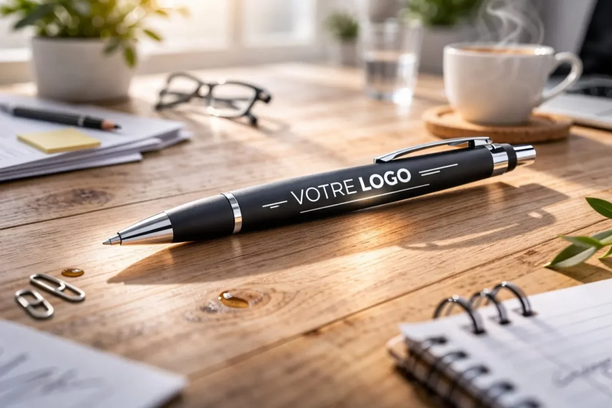 Stylo publicitaire dans un café.
