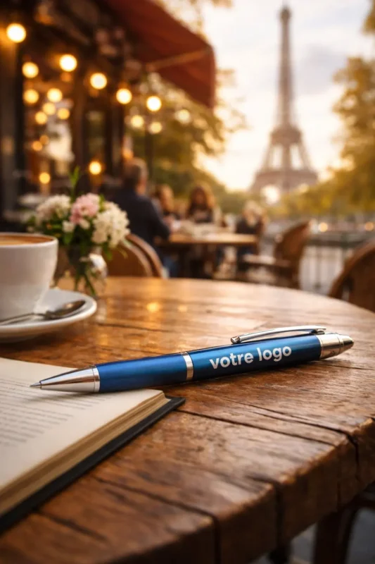 Stilo publicitaire en terrasse à Paris.