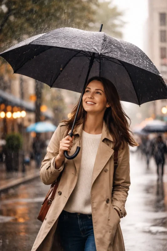 Un parapluie qui protège une femme de la pluie.