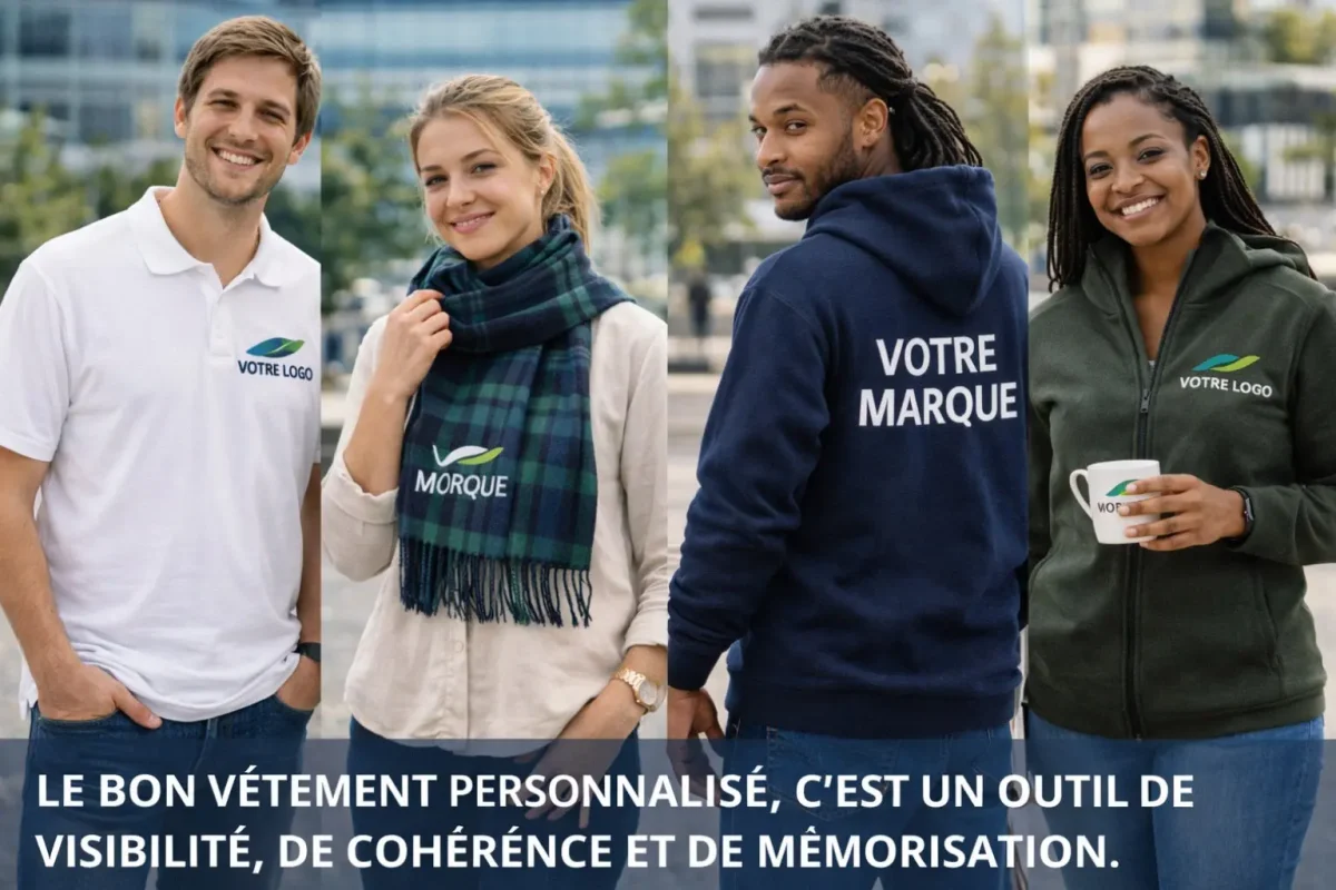 Le bon vêtement personnalisable, c'est l'outil de visibilité de cohérence et des mémorisations. L'image représente ceci.