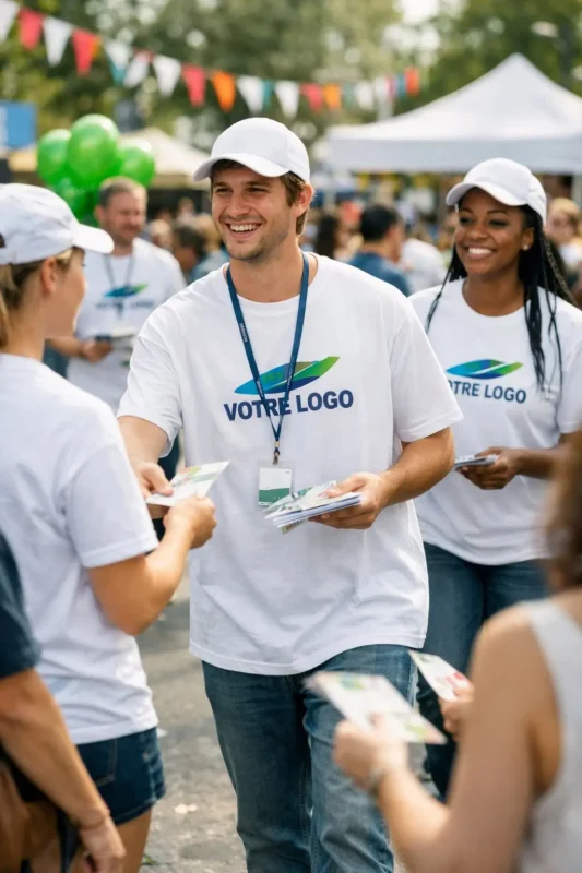 Le t-shirt publicitaire est parfait pour une campagne promotionnelle à grande échelle. On y voit plusieurs personnes portant un t shirt personnalisé blanc en train de distribuer des flyers.