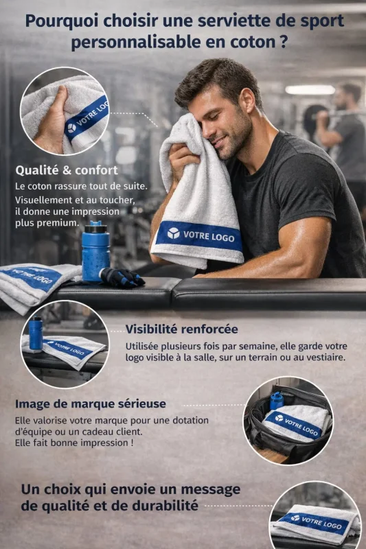L'image illustre pourquoi ceci est une serviette de sport personnalisable en coton. Elle décrit la qualité et le confort, la visibilité renforcée et l'image de marque sérieuse.