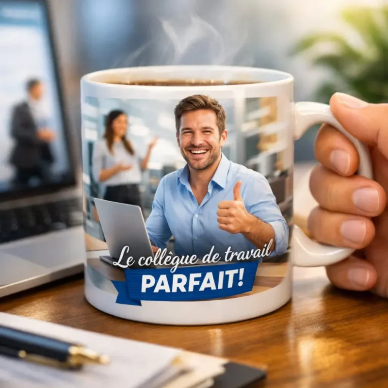 Un mug avec la photo du collègue de travail plus un texte avec écrit dessus le collègue de travail parfait.