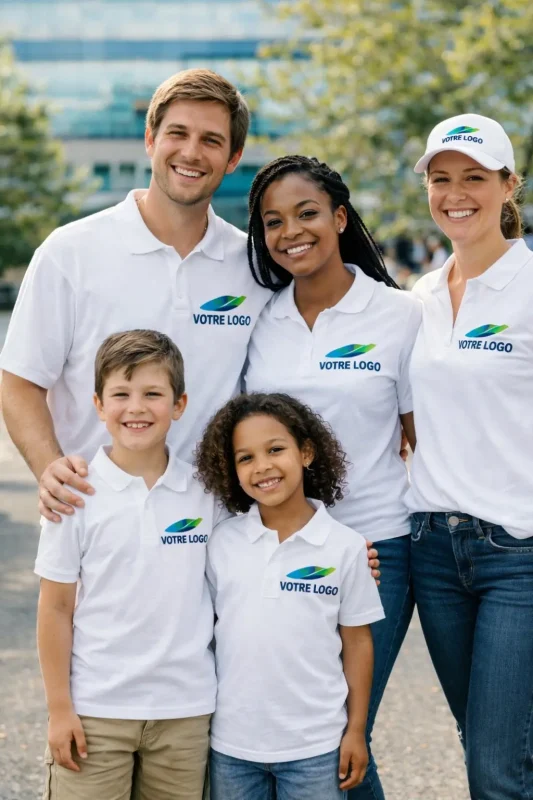 Une Photo avec une famille qui porte différentes gammes de t-shirt publicitaires.