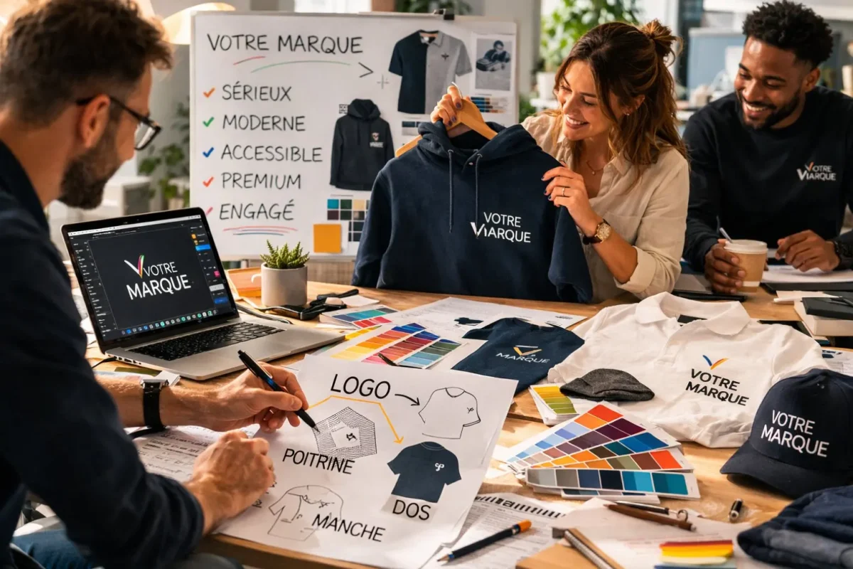 Une réunion pour choisir la communication à propos d'une marque sur du textile publicitaire.