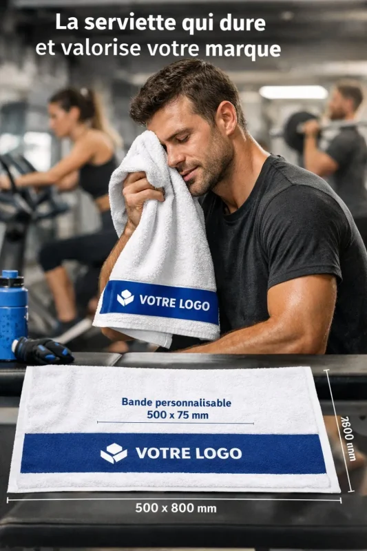 La serviette personnalisée avec le logo dans une salle de sport, la personne s'essuie le front.