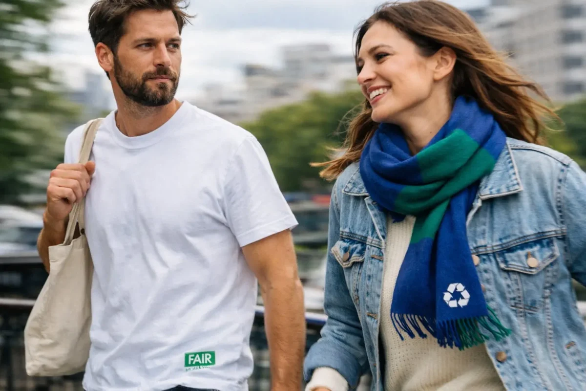 Un homme et une femme avec du textile éco-responsable et engagé.