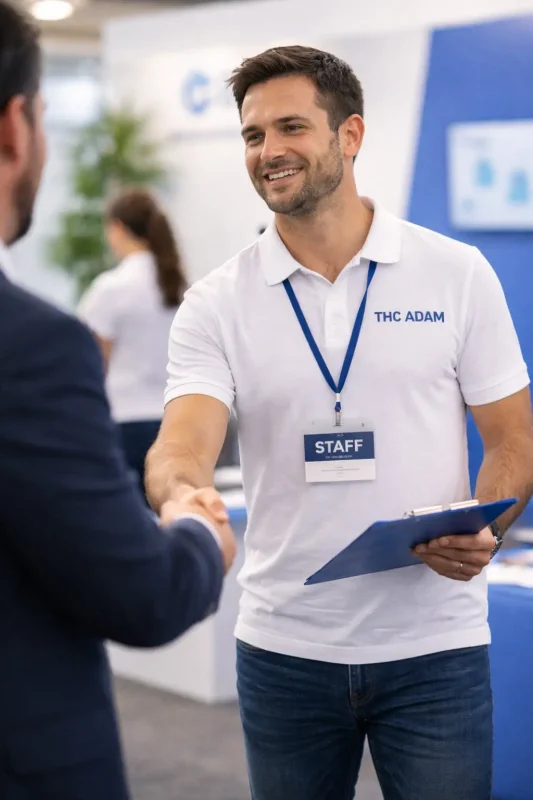 Distribution de flyers avec un polo personnalisé.