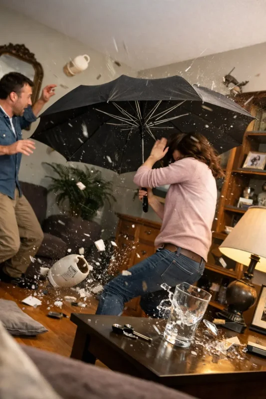 Un parapluie qui s'est ouvert dans la maison et a fait tomber des vases.