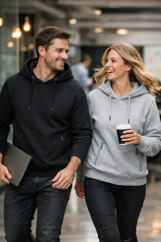 Le sweat à capuche pour un effet moderne et premium L'image représente un homme et une femme le portant.