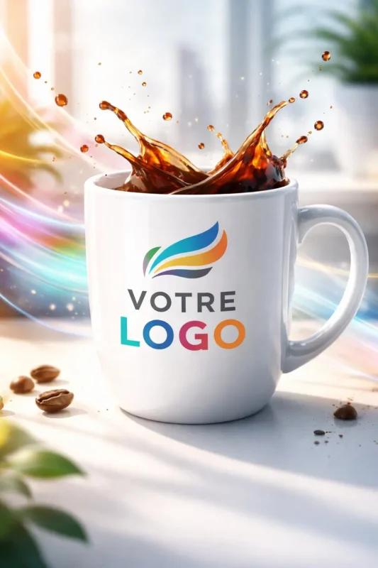 Un mug blanc avec du café à l'intérieur avec un logo et du texte où il est écrit dessus votre logo.