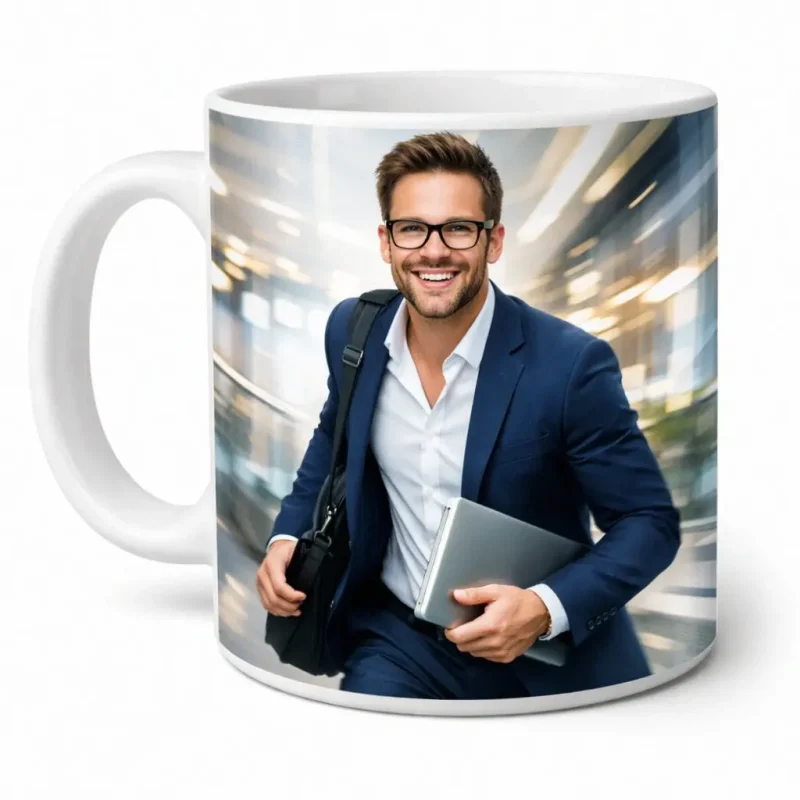 Un mug d'objets promotionnels avec un employé d'une entreprise en tenue professionnelle.