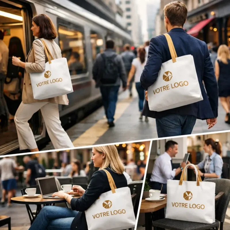 Des personnes avec un sac publicitaire dans différents événements.